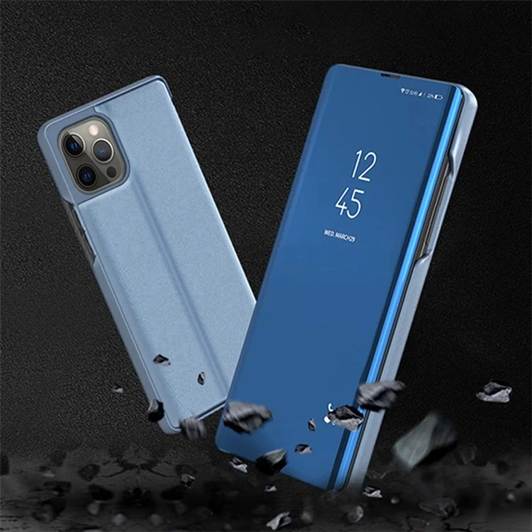 Para iPhone 15 Pro Max View Window Electroplated Phone Case Mirror Surface Leather Stand Cover - Azul