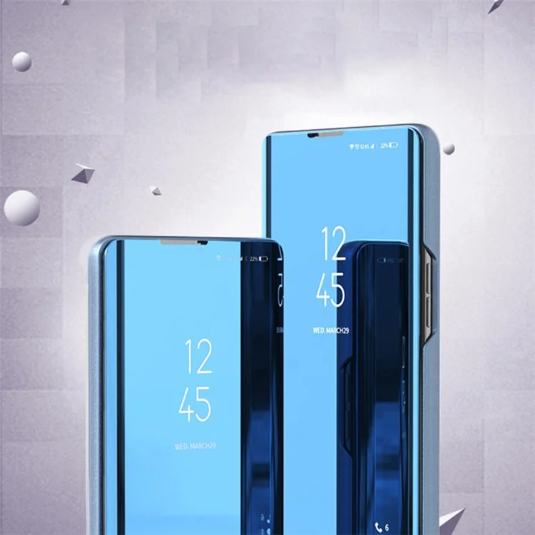 Para iPhone 15 Pro Max View Window Electroplated Phone Case Mirror Surface Leather Stand Cover - Azul