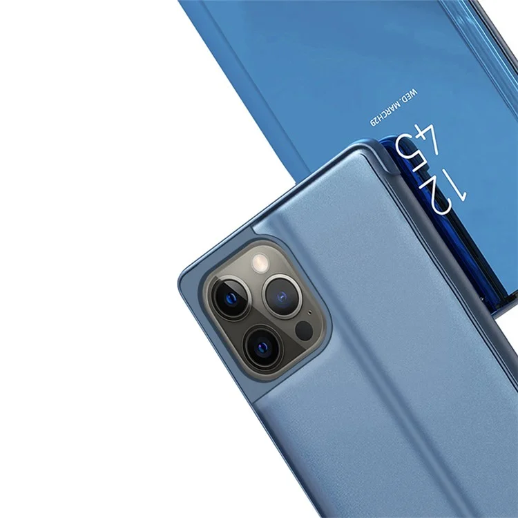 Para iPhone 15 Pro Max View Window Electroplated Phone Case Mirror Surface Leather Stand Cover - Azul