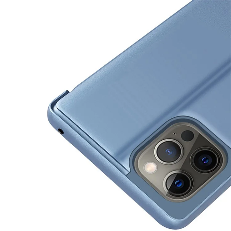 Para iPhone 15 Pro Max View Window Electroplated Phone Case Mirror Surface Leather Stand Cover - Azul
