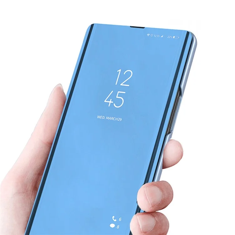 Para iPhone 15 Pro Max View Window Electroplated Phone Case Mirror Surface Leather Stand Cover - Azul