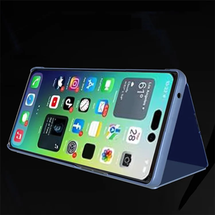 Para iPhone 15 Pro Max View Window Electroplated Phone Case Mirror Surface Leather Stand Cover - Azul