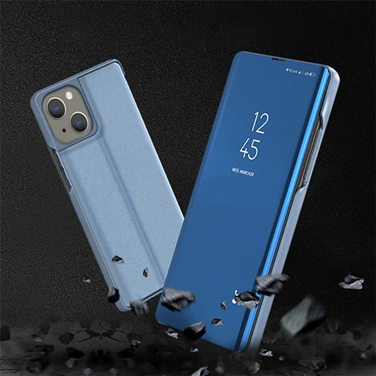Mirror Surface View Window Cover per iPhone 15, Custodia per telefono in pelle elettrolitica - Blu