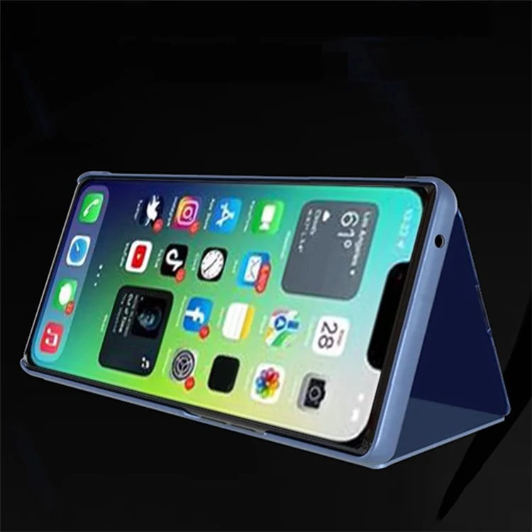 Mirror Surface View Window Cover per iPhone 15, Custodia per telefono in pelle elettrolitica - Blu