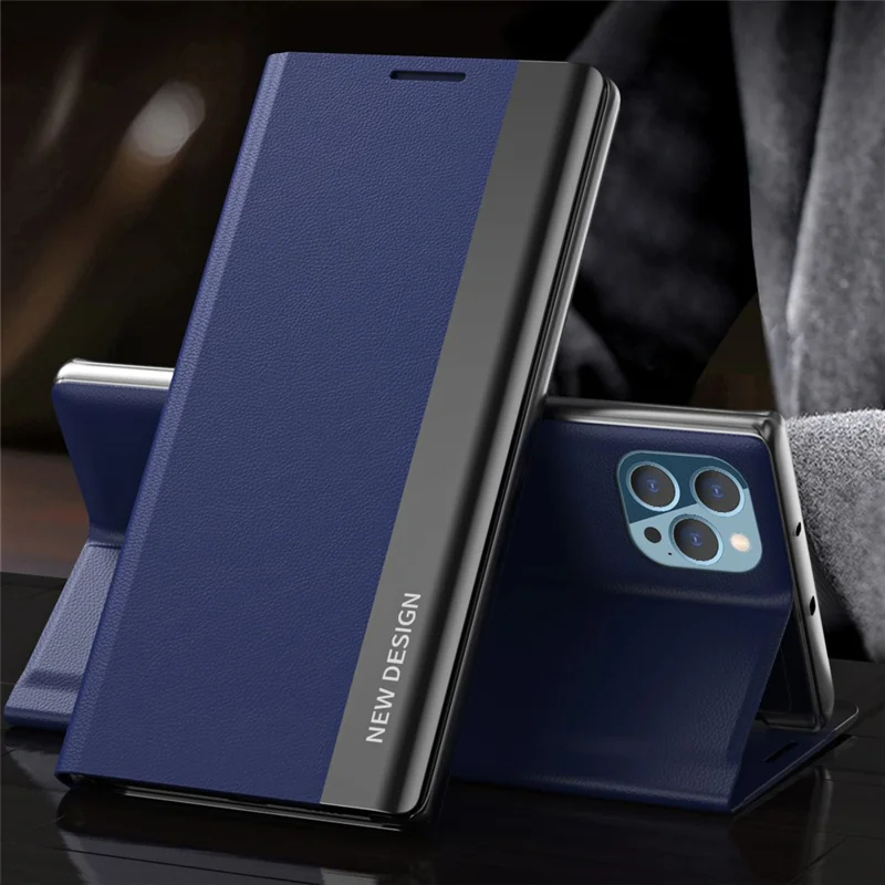 For iPhone 15 Pro Max PU Leather Electroplated Cover Anti-drop Stand Phone Case - Sapphire