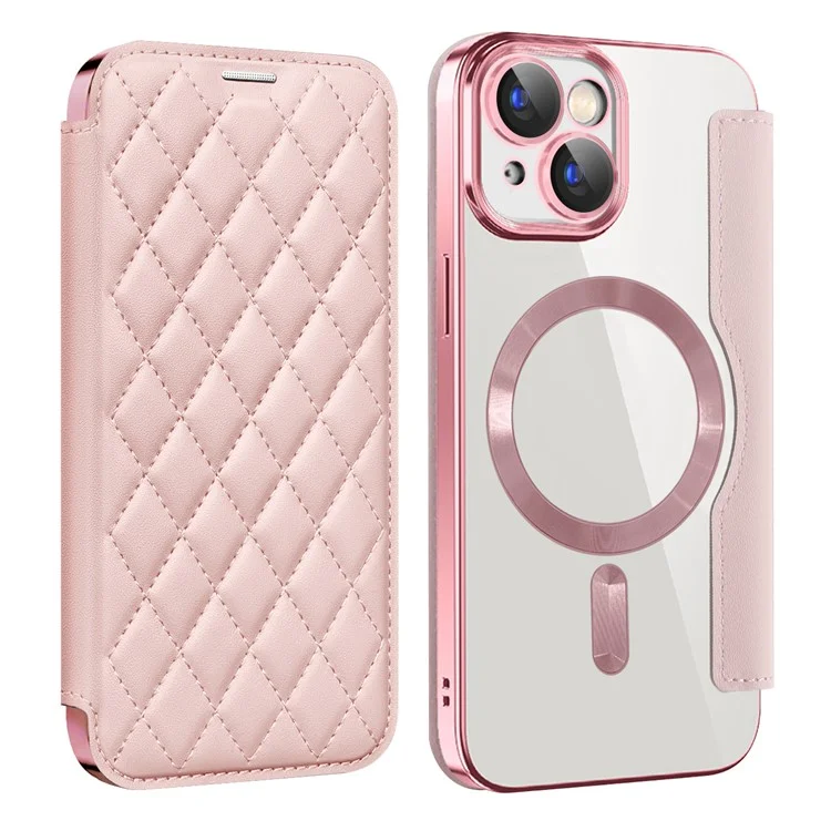 Pour iPhone 15 Film de lentille intégré Étui de téléphone en cuir RFID Blocking Card Holder Cover Compatible avec MagSafe - Rose