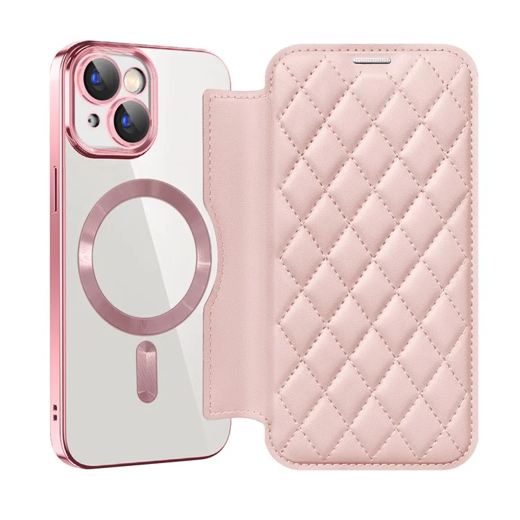 Pour iPhone 15 Film de lentille intégré Étui de téléphone en cuir RFID Blocking Card Holder Cover Compatible avec MagSafe - Rose