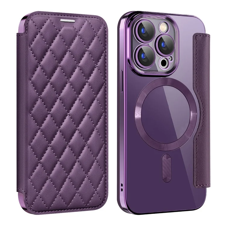 Para iPhone 15 Pro RFID Blocking Built-in Lens Film Phone Case Card Holder Leather Cover Compatible with MagSafe - Roxo