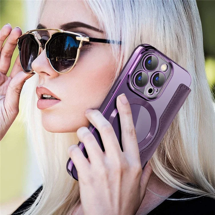 Para iPhone 15 Pro RFID Blocking Built-in Lens Film Phone Case Card Holder Leather Cover Compatible with MagSafe - Roxo
