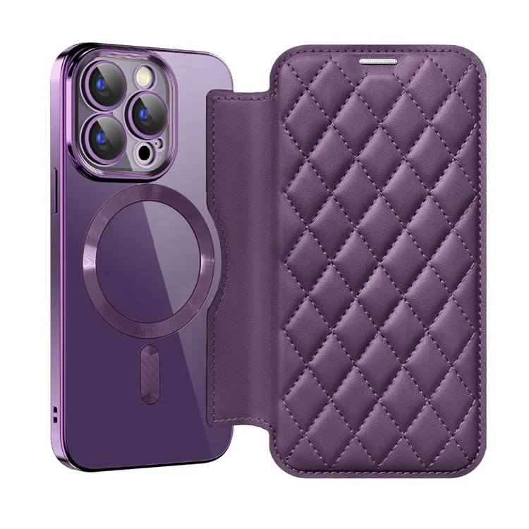 Para iPhone 15 Pro RFID Blocking Built-in Lens Film Phone Case Card Holder Leather Cover Compatible with MagSafe - Roxo