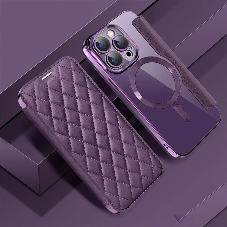 Para iPhone 15 Pro RFID Blocking Built-in Lens Film Phone Case Card Holder Leather Cover Compatible with MagSafe - Roxo