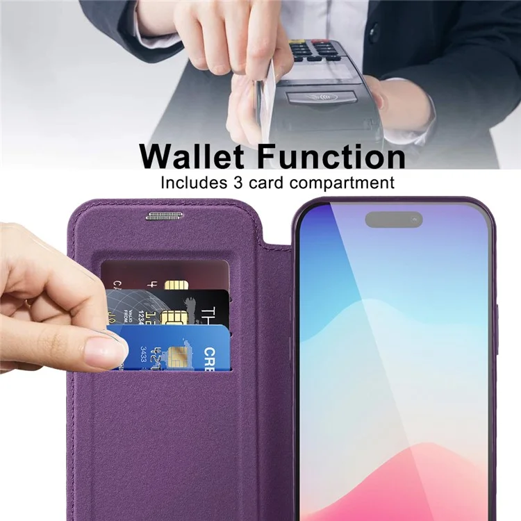 Para iPhone 15 Pro RFID Blocking Built-in Lens Film Phone Case Card Holder Leather Cover Compatible with MagSafe - Roxo