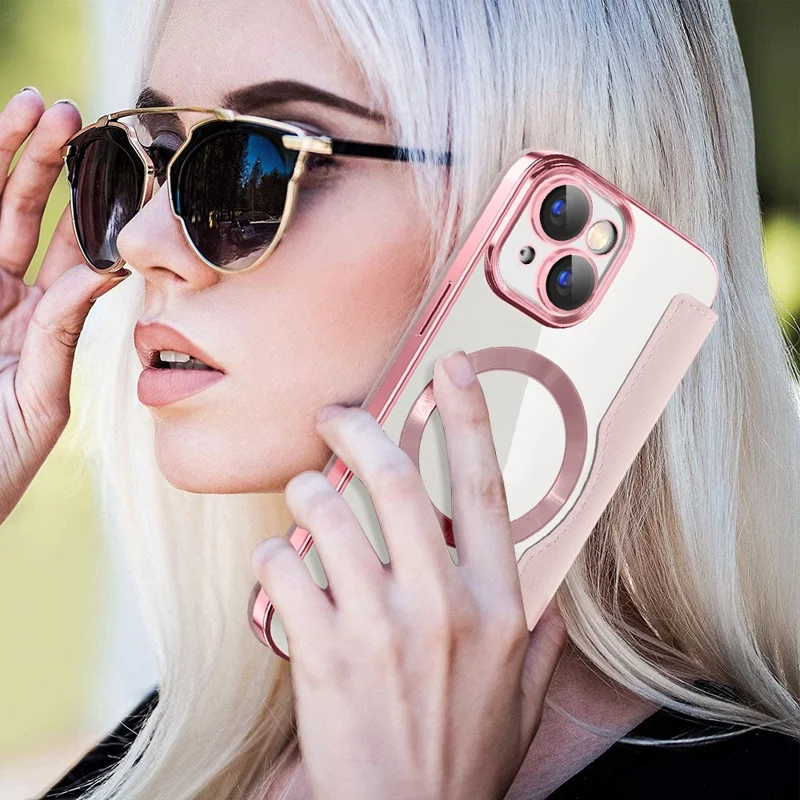 Per iPhone 15 Plus Built-in Lens Film Phone Case RFID Blocking Card Slots Leather Cover Compatible with MagSafe - Rosa