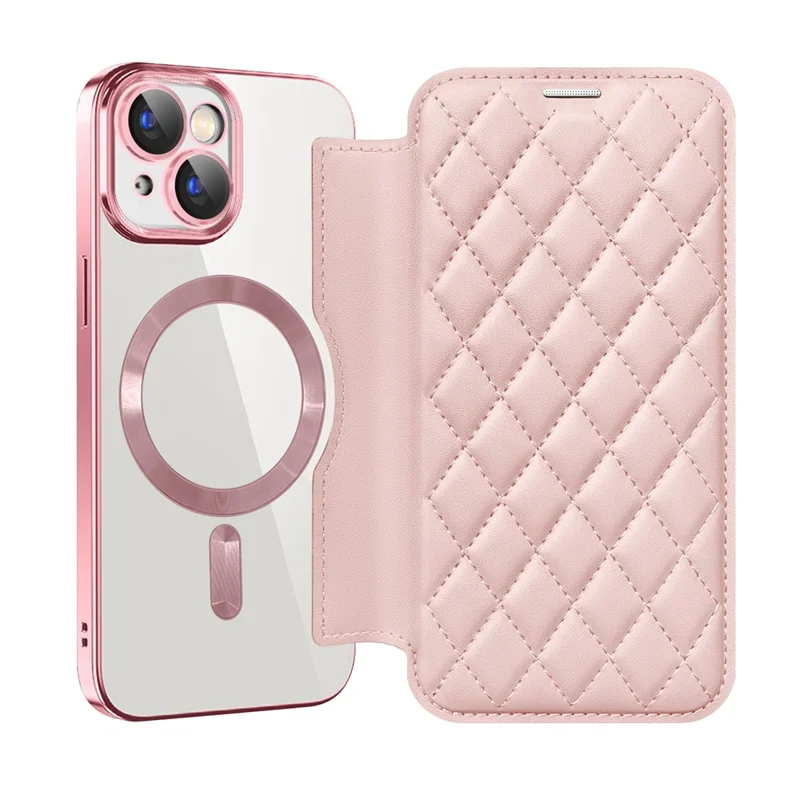Per iPhone 15 Plus Built-in Lens Film Phone Case RFID Blocking Card Slots Leather Cover Compatible with MagSafe - Rosa