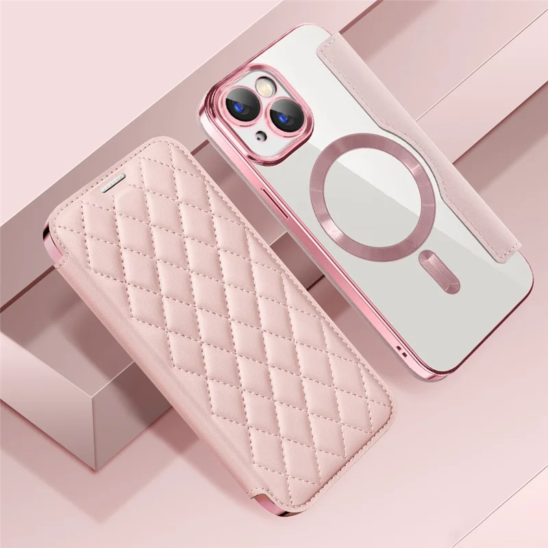 Per iPhone 15 Plus Built-in Lens Film Phone Case RFID Blocking Card Slots Leather Cover Compatible with MagSafe - Rosa