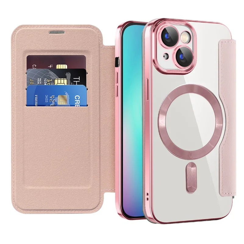 Per iPhone 15 Plus Built-in Lens Film Phone Case RFID Blocking Card Slots Leather Cover Compatible with MagSafe - Rosa