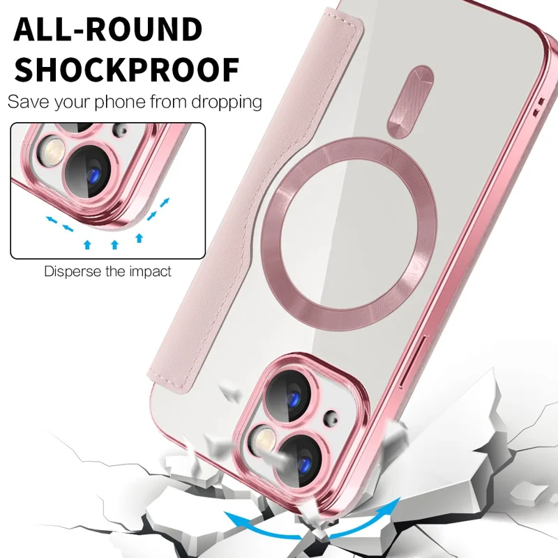 Per iPhone 15 Plus Built-in Lens Film Phone Case RFID Blocking Card Slots Leather Cover Compatible with MagSafe - Rosa