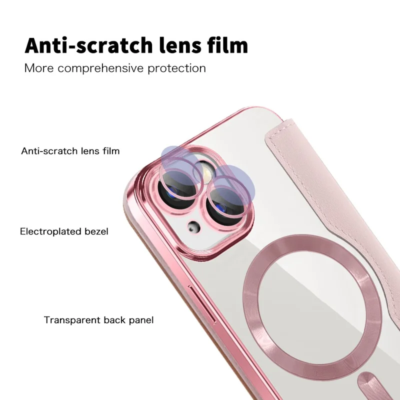 Per iPhone 15 Plus Built-in Lens Film Phone Case RFID Blocking Card Slots Leather Cover Compatible with MagSafe - Rosa