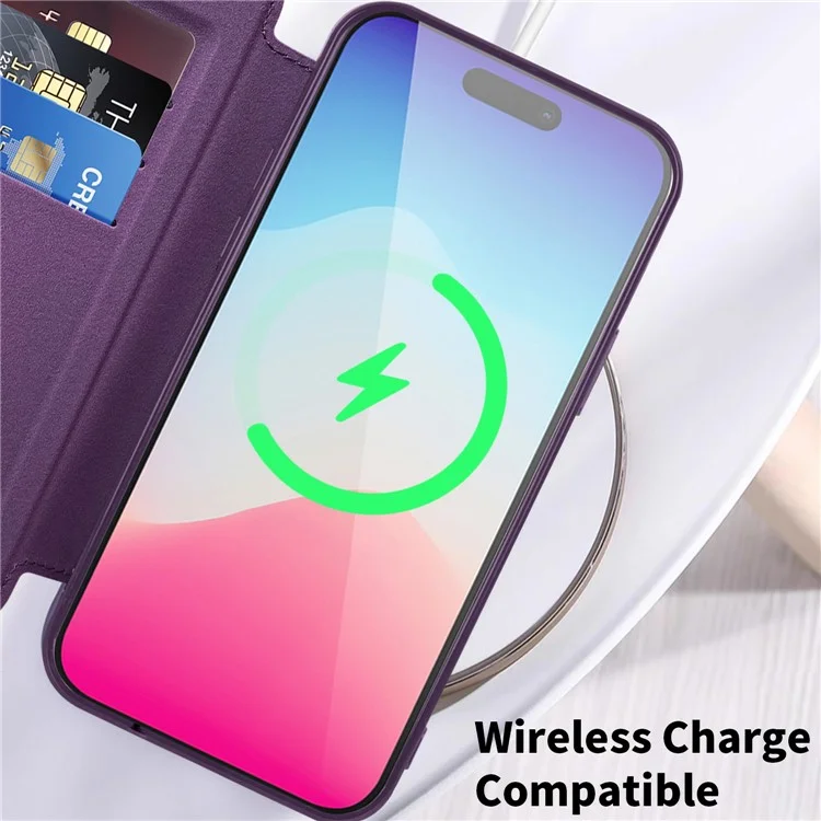 Per iPhone 15 Pro RFID Blocking Card Holder Phone Cover Elettroplaccatura Custodia in Pelle Compatibile con MagSafe - Viola