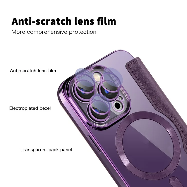 Per iPhone 15 Pro RFID Blocking Card Holder Phone Cover Elettroplaccatura Custodia in Pelle Compatibile con MagSafe - Viola