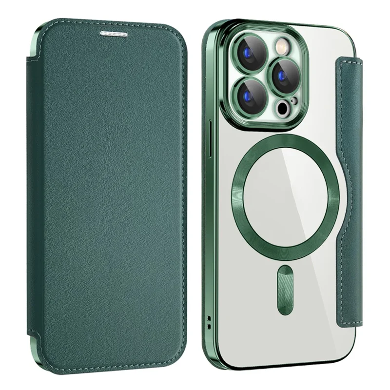 For iPhone 15 Pro RFID Blocking Card Holder Phone Cover Electroplating Leather Case Compatible with MagSafe - Blackish Green
