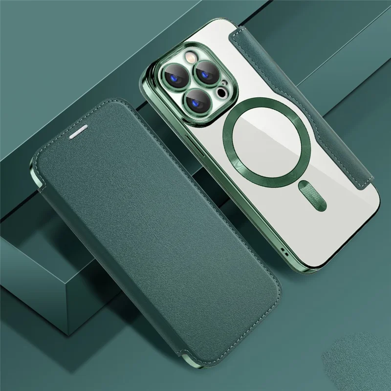 For iPhone 15 Pro RFID Blocking Card Holder Phone Cover Electroplating Leather Case Compatible with MagSafe - Blackish Green