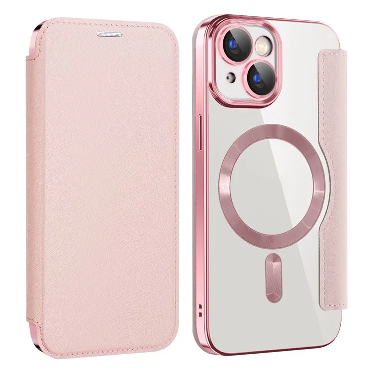 Capa Magnética Compatível com MagSafe para iPhone 15, Suporte para Cartão de Bloqueio RFID de Couro PU com Revestimento Eletrolítico - Rosa