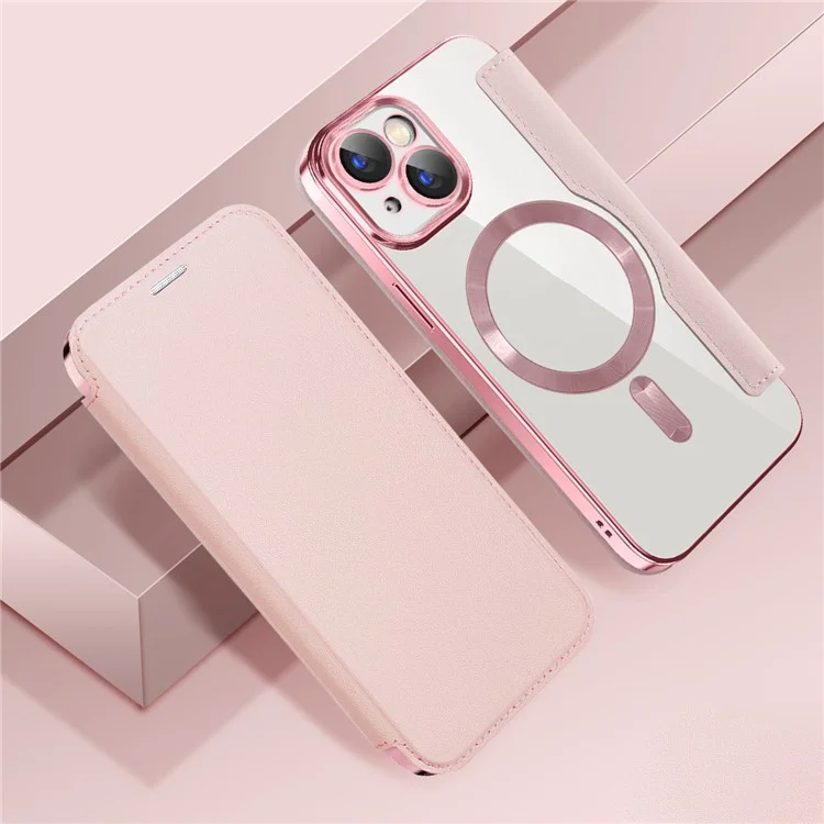 Capa Magnética Compatível com MagSafe para iPhone 15, Suporte para Cartão de Bloqueio RFID de Couro PU com Revestimento Eletrolítico - Rosa