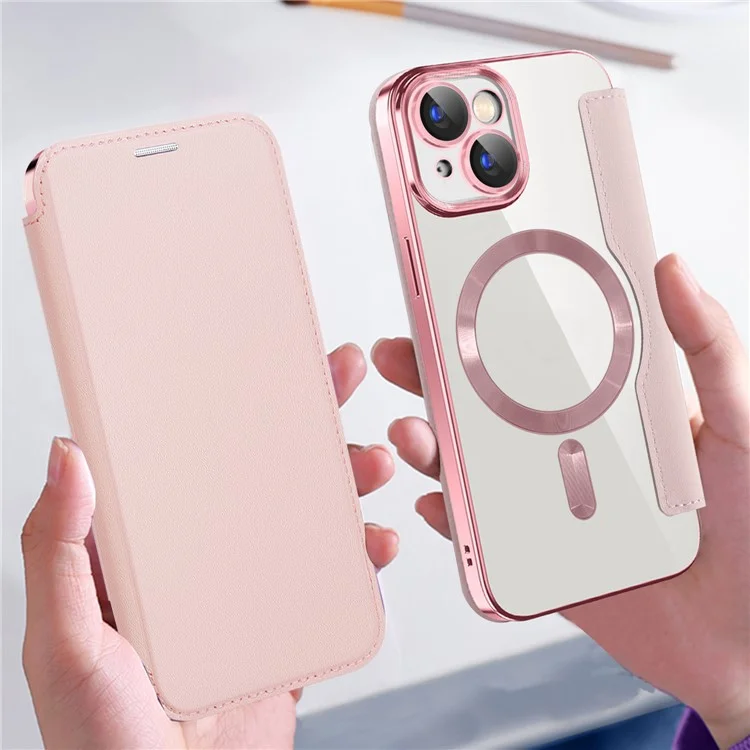Capa Magnética Compatível com MagSafe para iPhone 15, Suporte para Cartão de Bloqueio RFID de Couro PU com Revestimento Eletrolítico - Rosa