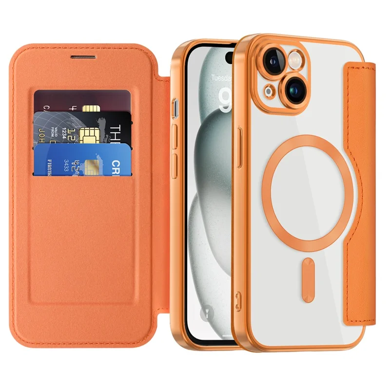 Magnetic Case Compatible with MagSafe for iPhone 15 , RFID Blocking Card Holder PU Leather Electroplating Cover - Orange