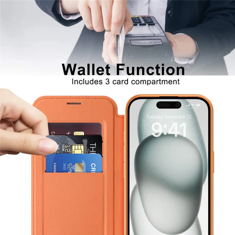 Magnetic Case Compatible with MagSafe for iPhone 15 , RFID Blocking Card Holder PU Leather Electroplating Cover - Orange