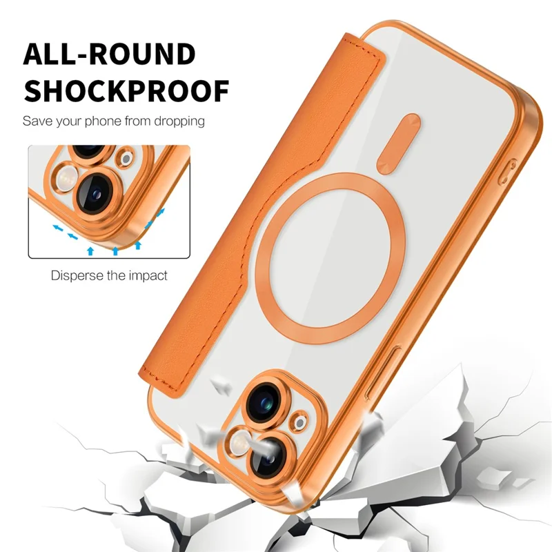 Magnetic Case Compatible with MagSafe for iPhone 15 , RFID Blocking Card Holder PU Leather Electroplating Cover - Orange