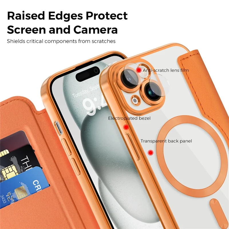 Magnetic Case Compatible with MagSafe for iPhone 15 , RFID Blocking Card Holder PU Leather Electroplating Cover - Orange