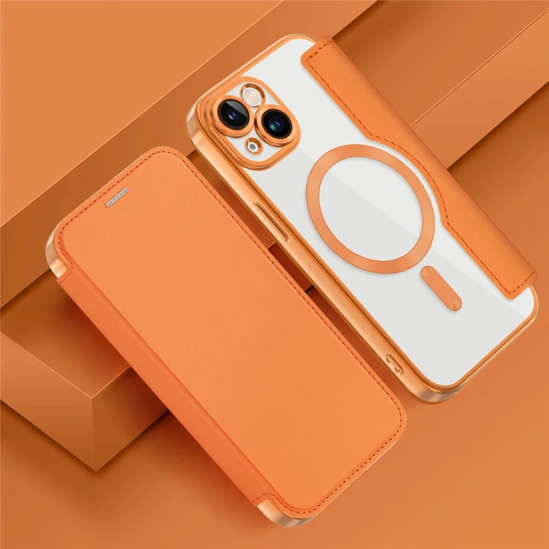 Magnetic Case Compatible with MagSafe for iPhone 15 , RFID Blocking Card Holder PU Leather Electroplating Cover - Orange