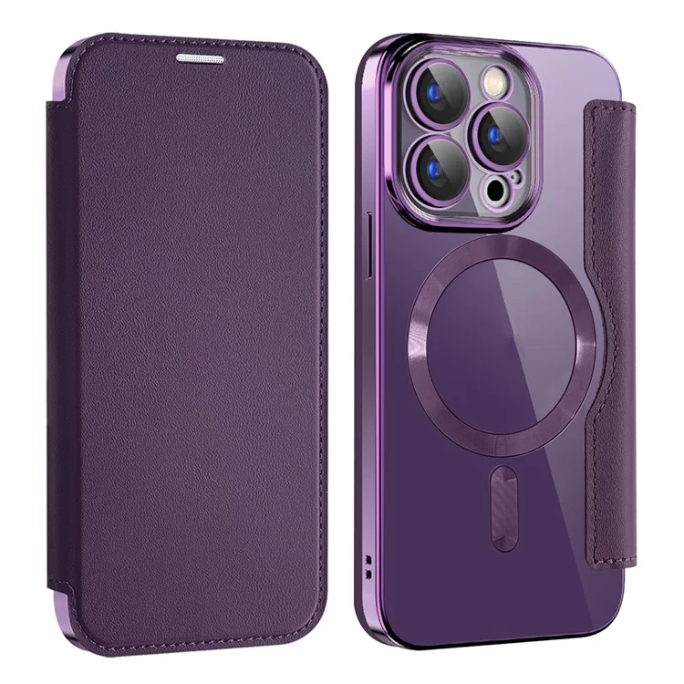 For iPhone 15 Pro Max Card Holder Phone Case RFID Blocking Electroplating Leather Cover Compatible with MagSafe - Purple