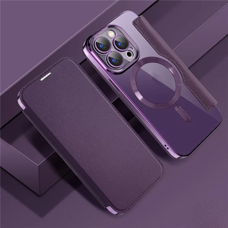 For iPhone 15 Pro Max Card Holder Phone Case RFID Blocking Electroplating Leather Cover Compatible with MagSafe - Purple