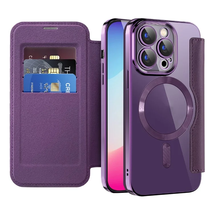 For iPhone 15 Pro Max Card Holder Phone Case RFID Blocking Electroplating Leather Cover Compatible with MagSafe - Purple