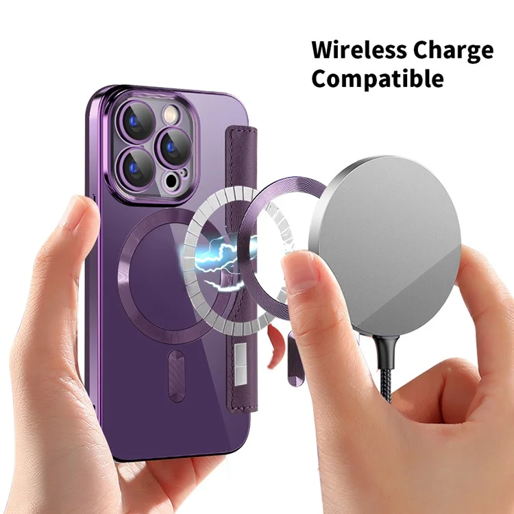 For iPhone 15 Pro Max Card Holder Phone Case RFID Blocking Electroplating Leather Cover Compatible with MagSafe - Purple