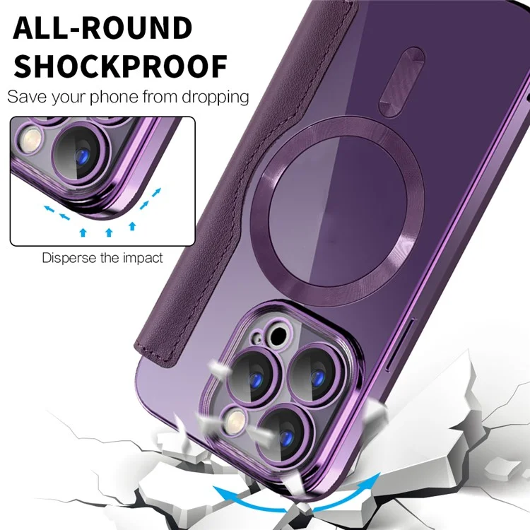 For iPhone 15 Pro Max Card Holder Phone Case RFID Blocking Electroplating Leather Cover Compatible with MagSafe - Purple