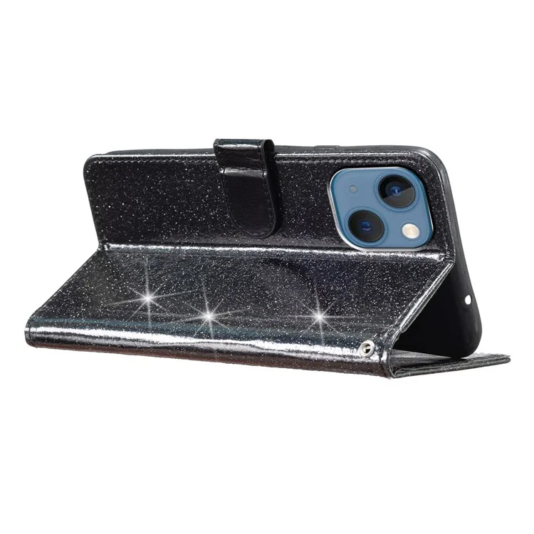 Per iPhone 15 Plus Glittery PU Leather Wallet Case Stand Anti-scratch Phone Cover - Black
