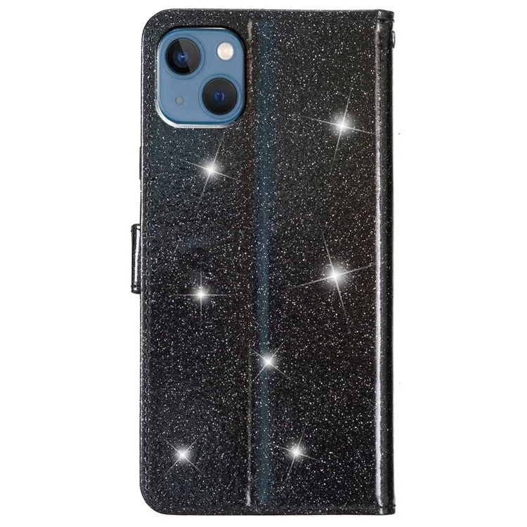 Per iPhone 15 Plus Glittery PU Leather Wallet Case Stand Anti-scratch Phone Cover - Black