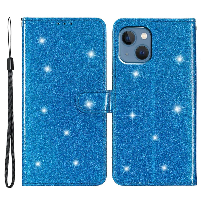 Glittery PU Leather Protective Phone Case for iPhone 15 , Wallet Stand Cell Phone Cover - Blue