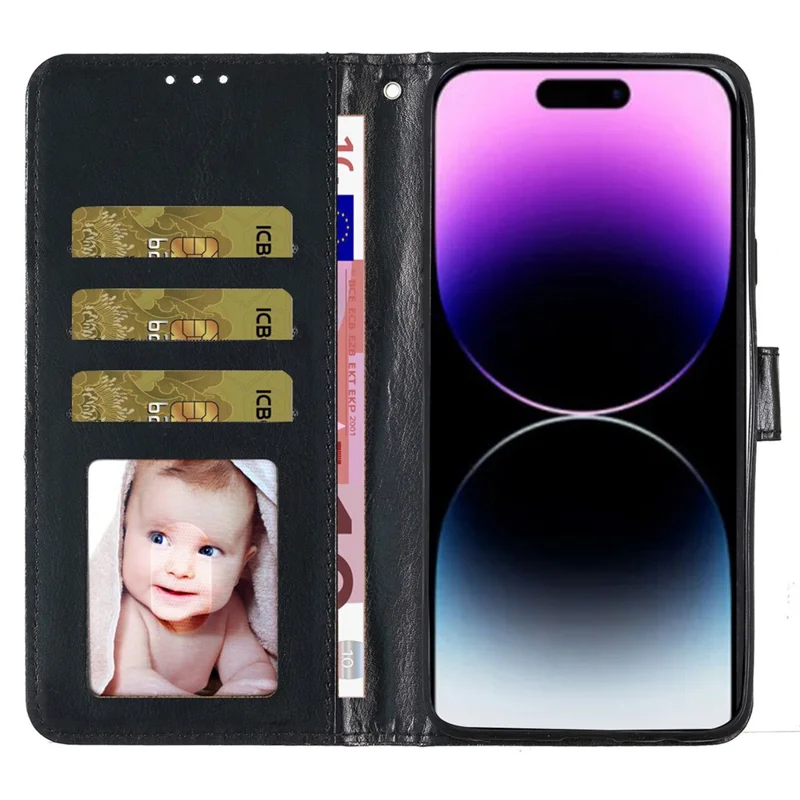 For iPhone 15 Pro Glittery Phone Leather Case Anti-drop Stand Wallet Phone Cover - Black