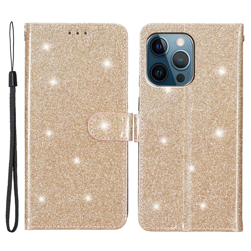 Для iPhone 15 Pro Max Glittery Phone Case PU Leather Wallet Stand Full Protection Cover - Gold