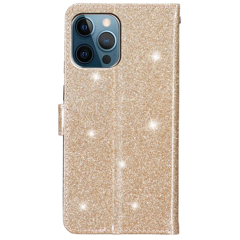 Для iPhone 15 Pro Max Glittery Phone Case PU Leather Wallet Stand Full Protection Cover - Gold