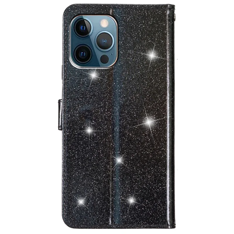For iPhone 15 Pro Max Glittery Phone Case PU Leather Wallet Stand Full Protection Cover - Black