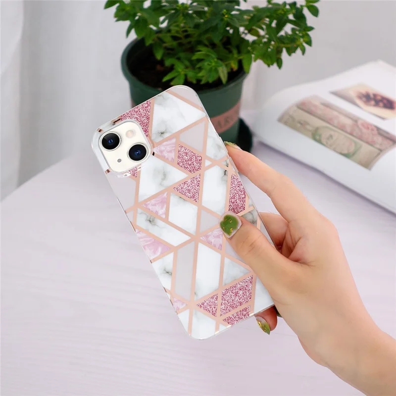 IMD Pattern Electroplating TPU Phone Case for iPhone 15 , Anti-scratch Mobile Phone Cover - Electroplated Pink Marble