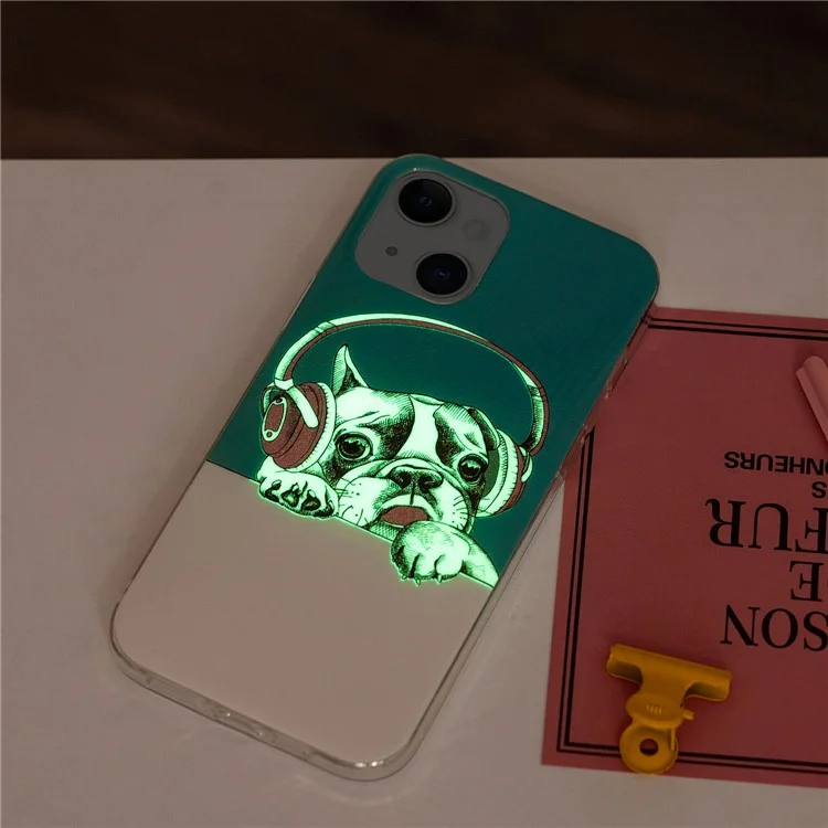 Noctilucent Luminous Pattern Phone Case for iPhone 15 , IMD Soft TPU Anti-scratch Phone Cover - Headphone Dog