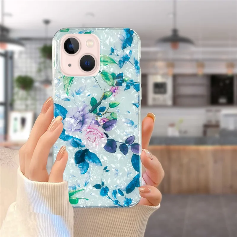 Protective Case for iPhone 15 Anti-Drop Phone Case IMD Marble Flower Shell Pattern Slim TPU Phone Cover - Rose