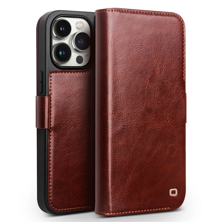 QIALINO For iPhone 15 Pro Max Genuine Cow Leather+TPU Phone Case Magnetic Closure Full Protection Phone Cover - Dark Brown